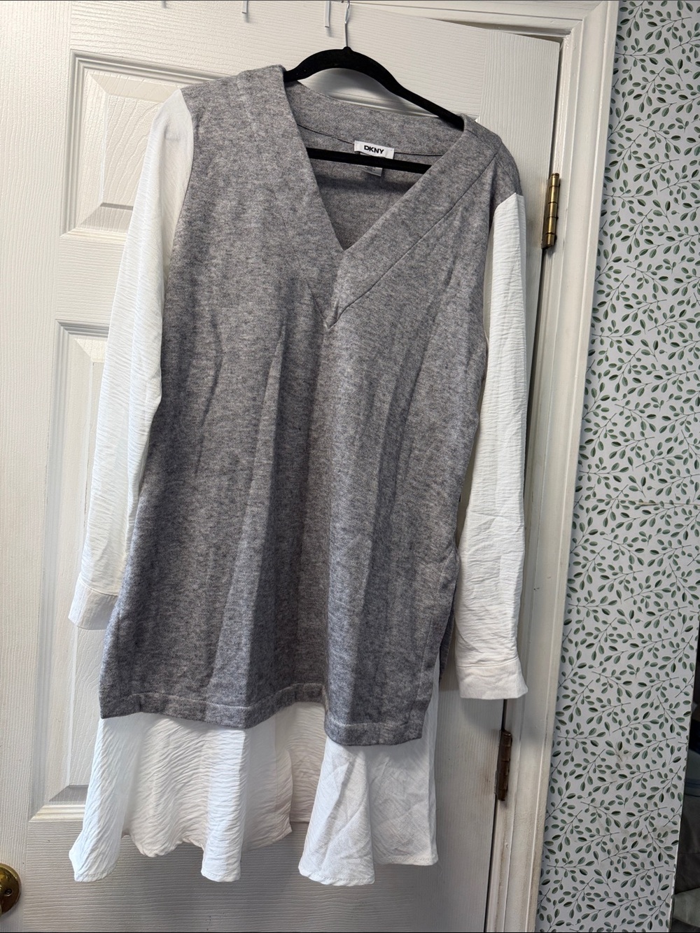 DKNY Grey and White Layered V-Neck Knit Dress